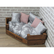 Load image into Gallery viewer, Personalised Rustic Wooden Corner Dog Bed In Grey Crushed Velvet With Dusky Pink Cushions