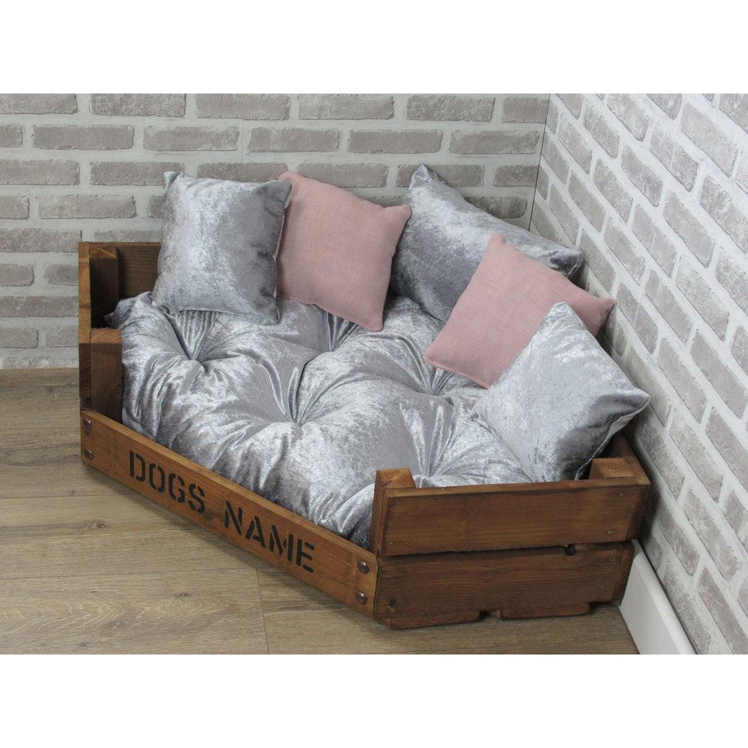 Personalised Rustic Wooden Corner Dog Bed In Grey Crushed Velvet With Dusky Pink Cushions