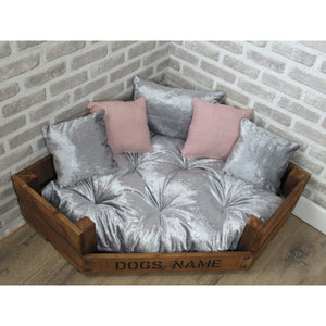 Personalised Rustic Wooden Corner Dog Bed In Grey Crushed Velvet With Dusky Pink Cushions