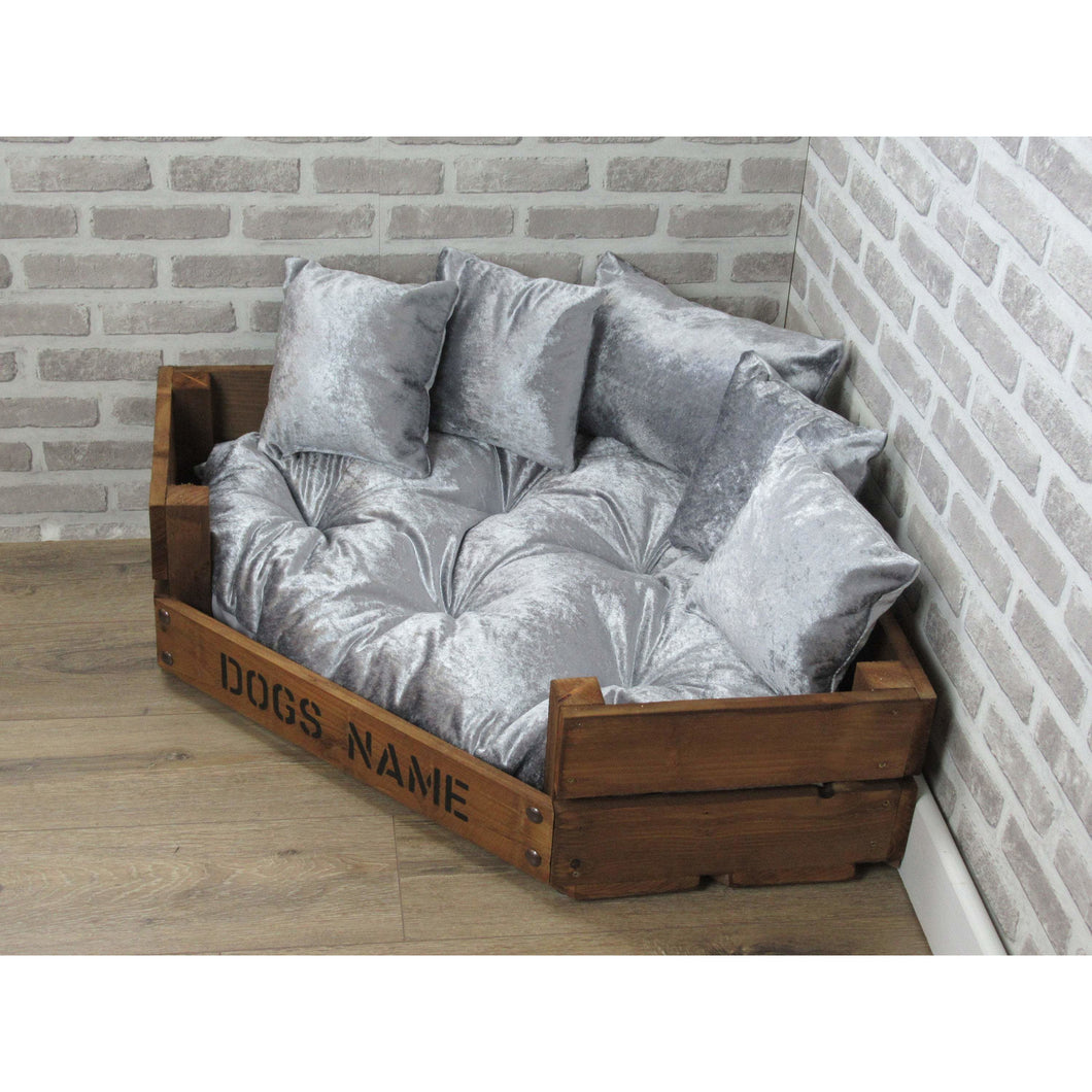 Personalised Rustic Wooden Corner Dog Bed In Grey Crushed Velvet With Matching Cushions