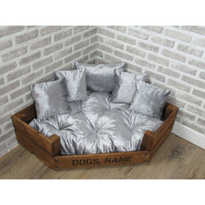 Personalised Rustic Wooden Corner Dog Bed In Grey Crushed Velvet With Matching Cushions
