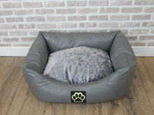 Load image into Gallery viewer, Washable Grey Faux Leather Dog Bed With Crushed Velvet Inner Cushion