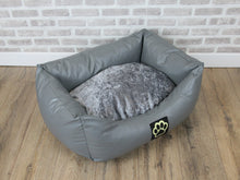 Load image into Gallery viewer, Washable Grey Faux Leather Dog Bed With Crushed Velvet Inner Cushion