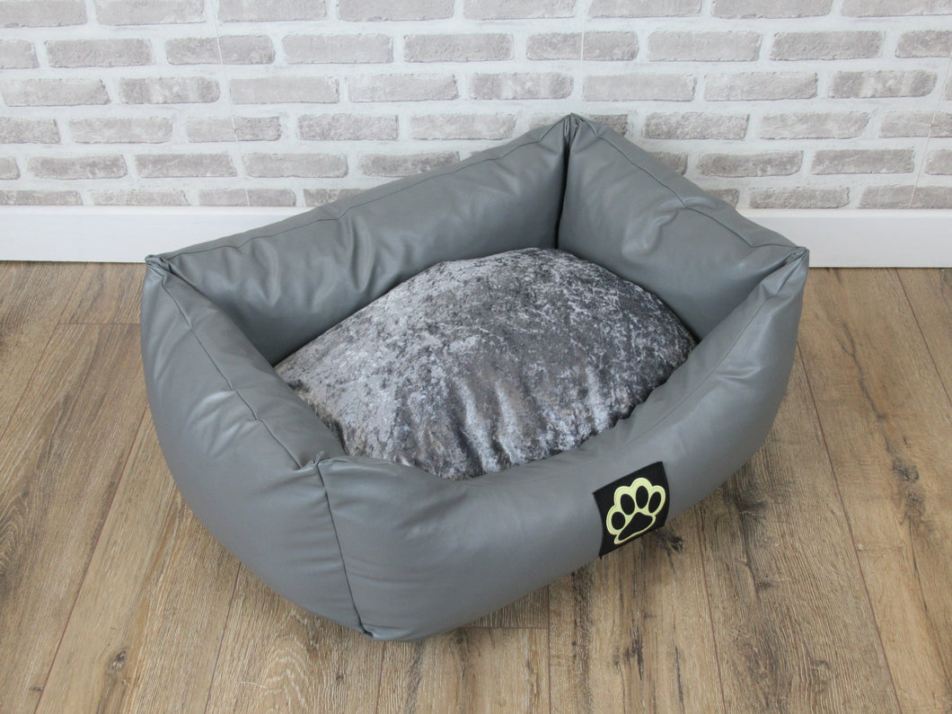 Washable Grey Faux Leather Dog Bed With Crushed Velvet Inner Cushion