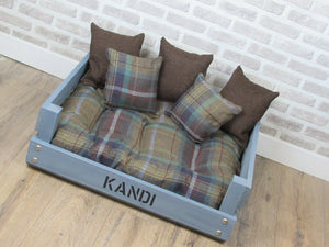 Personalised Rustic Grey Wooden Dog Bed In Multi Coloured Wool Feel Fabric