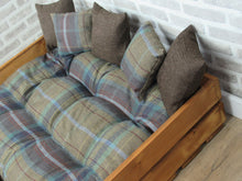 Load image into Gallery viewer, Personalised Rustic Wooden Dog Bed In medium oak wood -Multi Coloured Check Wool Feel Fabric