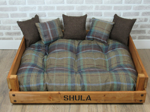 Personalised Rustic Wooden Dog Bed In medium oak wood -Multi Coloured Check Wool Feel Fabric