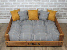 Load image into Gallery viewer, Personalised Rustic Wooden Dog Bed In medium oak wood -Grey &amp; Mustard Wool Feel Fabric