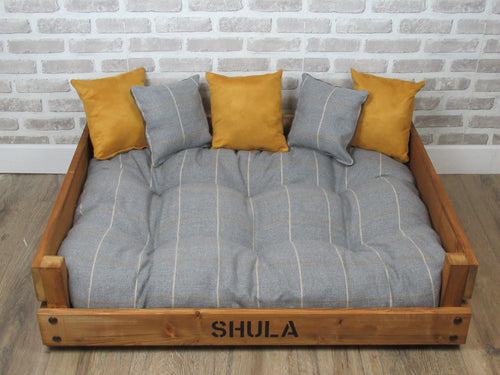 Personalised Rustic Wooden Dog Bed In medium oak wood -Grey & Mustard Wool Feel Fabric