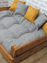Load image into Gallery viewer, Personalised Rustic Wooden Dog Bed In medium oak wood -Grey &amp; Mustard Wool Feel Fabric
