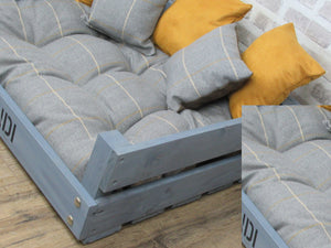 Personalised Rustic Grey Wooden Dog Bed In Grey & Mustard Wool Feel Fabric