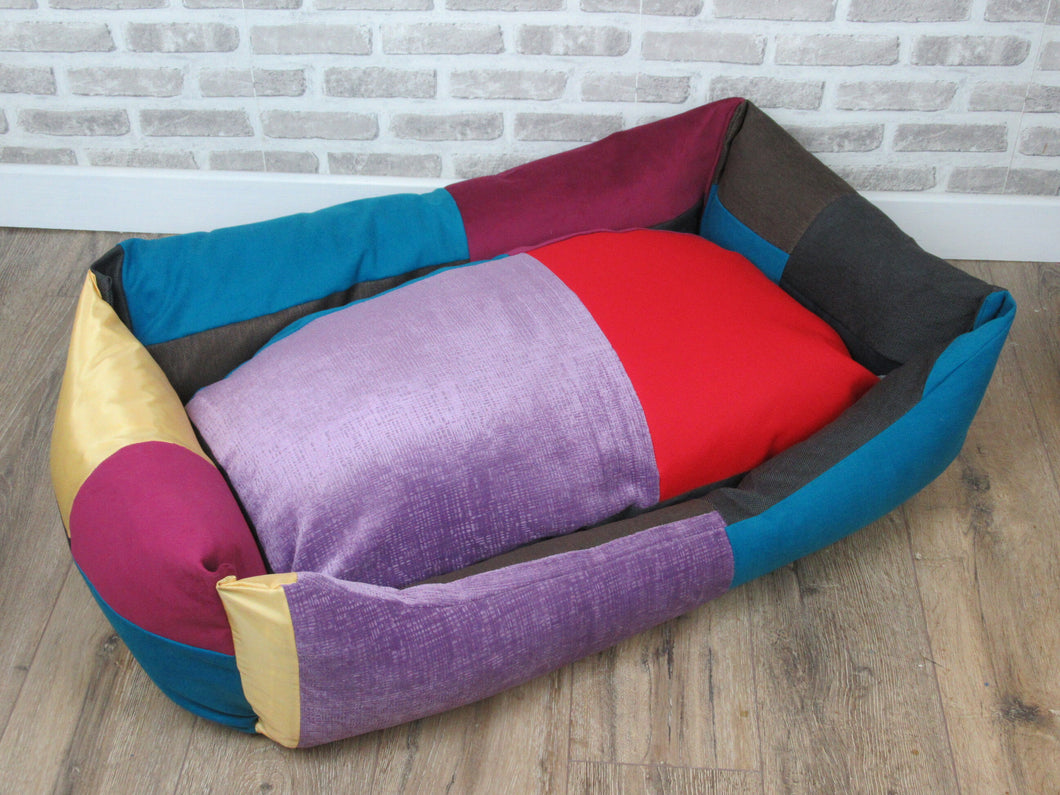 Large L Handmade Unique Patchwork Dog bed In Mixed Fabric And multiple Colours