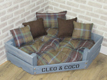 Load image into Gallery viewer, Personalised Grey Corner Wooden Dog Bed In Multi Colour Wool Feel Fabric