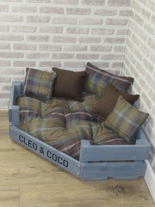 Personalised Grey Corner Wooden Dog Bed In Multi Colour Wool Feel Fabric