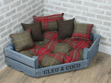 Load image into Gallery viewer, Personalised Grey Corner Wooden Dog Bed In Red Check Wool Feel Fabric