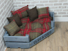 Load image into Gallery viewer, Personalised Grey Corner Wooden Dog Bed In Red Check Wool Feel Fabric
