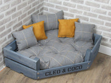 Load image into Gallery viewer, Personalised Grey Corner Wooden Dog Bed In Grey &amp; Mustard Wool Feel Fabric
