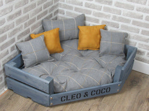 Personalised Grey Corner Wooden Dog Bed In Grey & Mustard Wool Feel Fabric