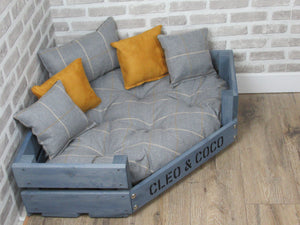 Personalised Grey Corner Wooden Dog Bed In Grey & Mustard Wool Feel Fabric