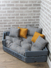 Load image into Gallery viewer, Personalised Grey Corner Wooden Dog Bed In Grey &amp; Mustard Wool Feel Fabric