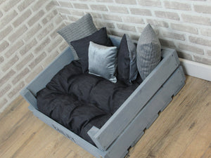 Personalised Rustic Grey Wooden Dog Bed In Dark Blue Denim Fabric