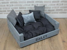 Load image into Gallery viewer, Personalised Rustic Grey Wooden Dog Bed In Dark Blue Denim Fabric